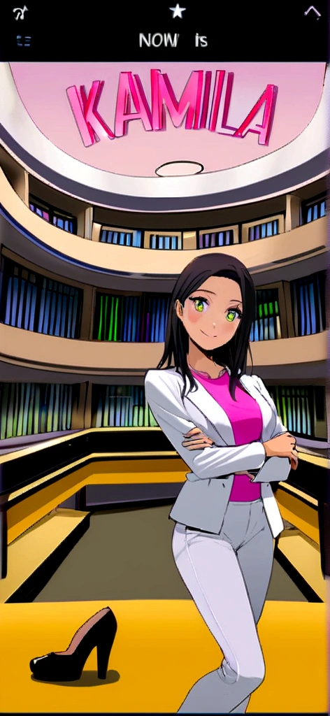 Create an image with a young woman, black hair, beautiful smile, big eyes, penetrating look, arms crossed, with the word Kamilla Duarte written on it and underneath a black band with pink letters with the inscription now it's her and putting on two high heel women's shoes, one side by side