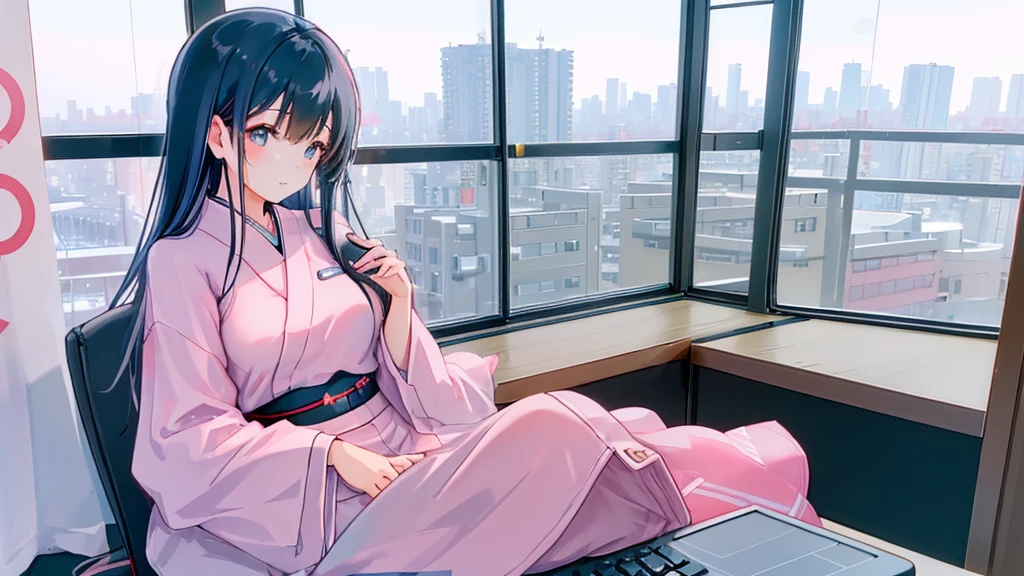 A cute Japanese woman in her twenties sitting by the window working on her computer. Outside the window is the city at night. The room is occupied by an office worker living alone in the 2025 era. She is dressed in 2021-era loungewear. Profile. She is typing on a keyboard. Horizontal screen size.