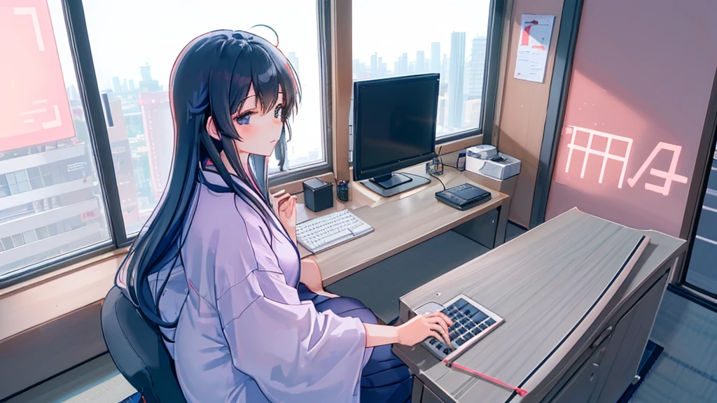 A cute Japanese woman in her twenties sitting by the window working on her computer. Outside the window is the city at night. The room is occupied by an office worker living alone in the 2025 era. She is dressed in 2021-era loungewear. Profile. She is typing on a keyboard. Horizontal screen size.