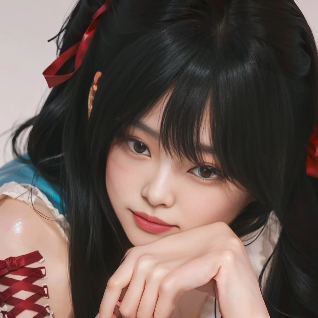 There is a woman with long black hair and a red bow, detailed portrait of anime girl, realistic 3d anime style, artwork in the style of guweiz, young realistic anime, photorealistic anime, anime realism style, hyper realistic anime, photorealistic anime girl render, Awesome anime face portrait, realistic 3d anime, Guweiz, realistic anime art style, Jennie Kim