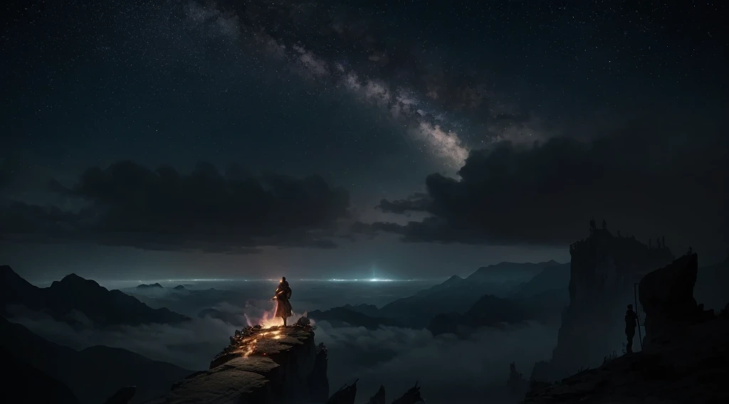 Dramatic and awe-inspiring footage of an adventurer standing on a cliff, Overlooking a kingdom in danger. The kingdom is shrouded in darkness,  Beautiful starry sky, building collapse，Smoke rising. 冒險家們Determined、Determined, Get ready for the final battle. The composition should convey the gravity of the situation and the unwavering determination of the heroes.