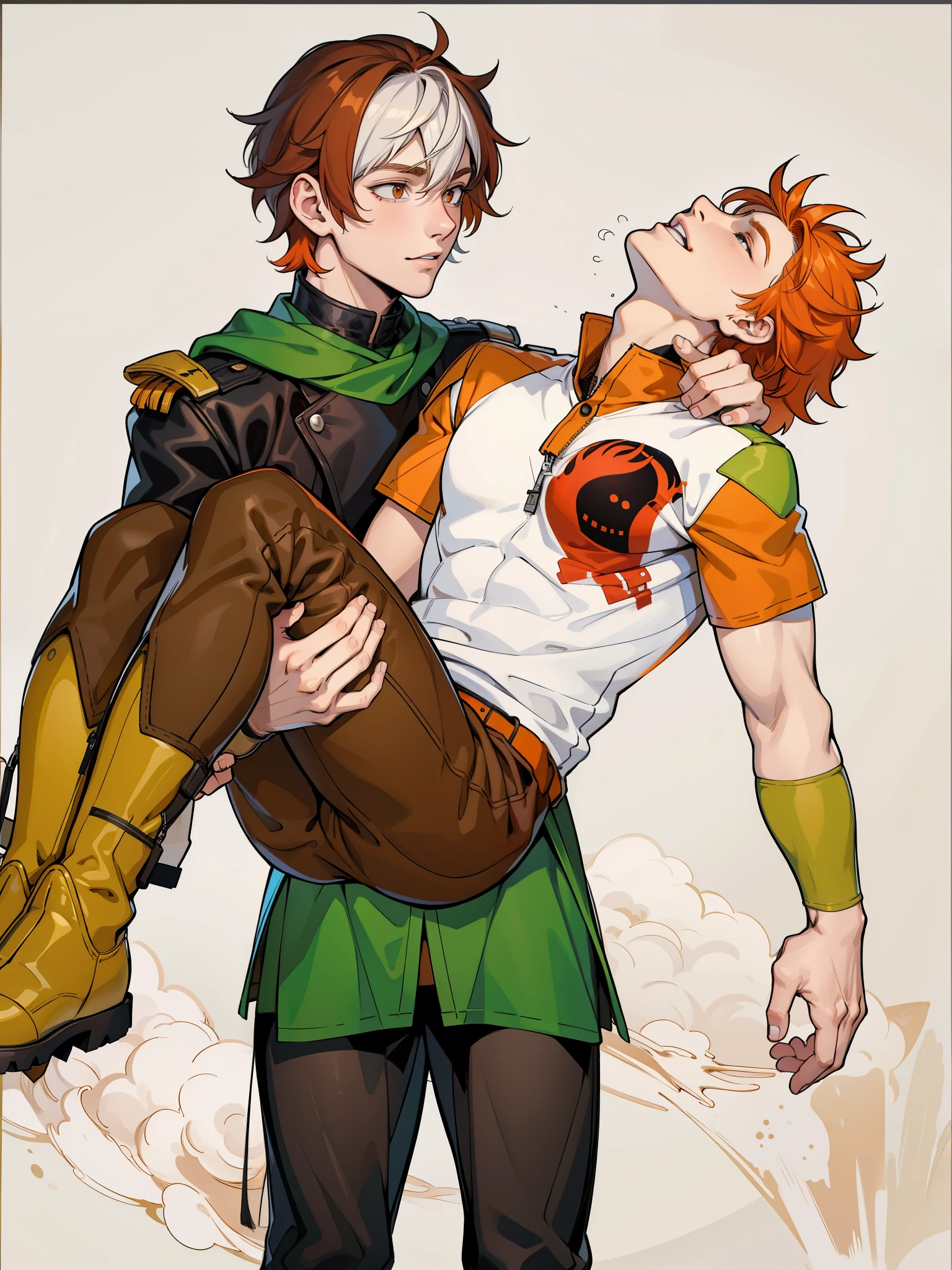 There is a 17-year-old boy with orange hair, he is dead, he is in his friend's arms, he is sad, he has green eyes, his costumes are like superheroes., He is sad, with some tears, he mourns the death of his friend.