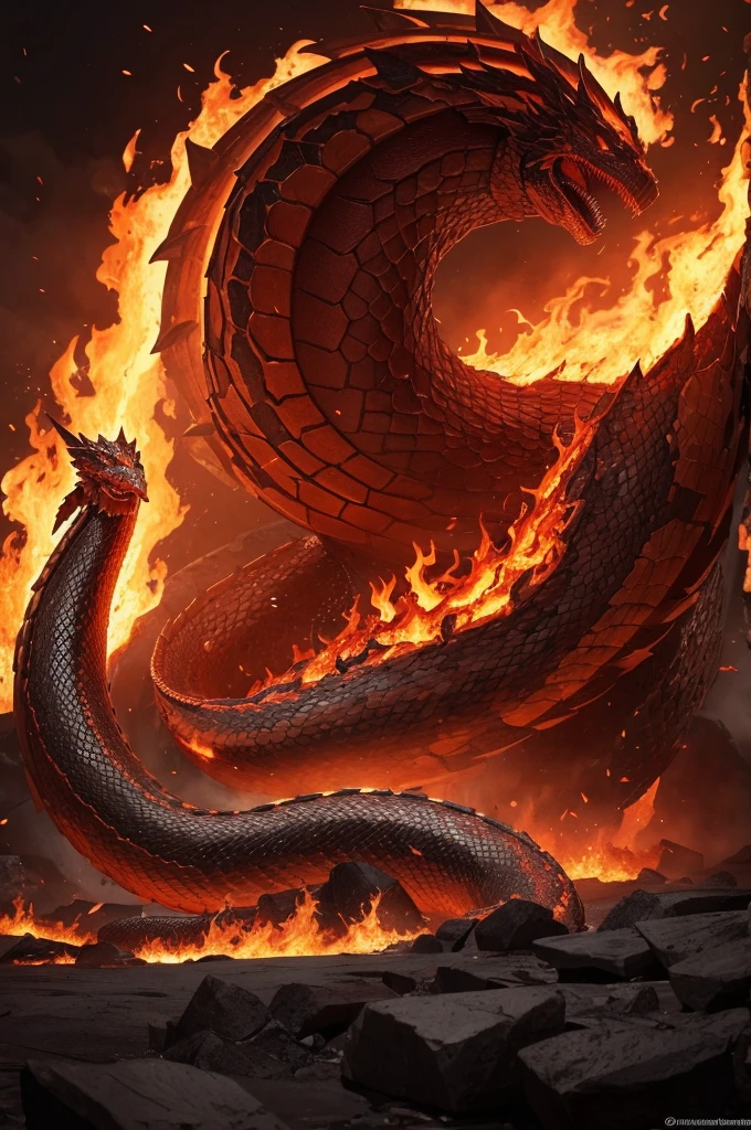 Create a serpent of monumental size, its body is surrounded by flames and scales that resemble magma and it is trying to devour a six-foot-tall armored warrior.