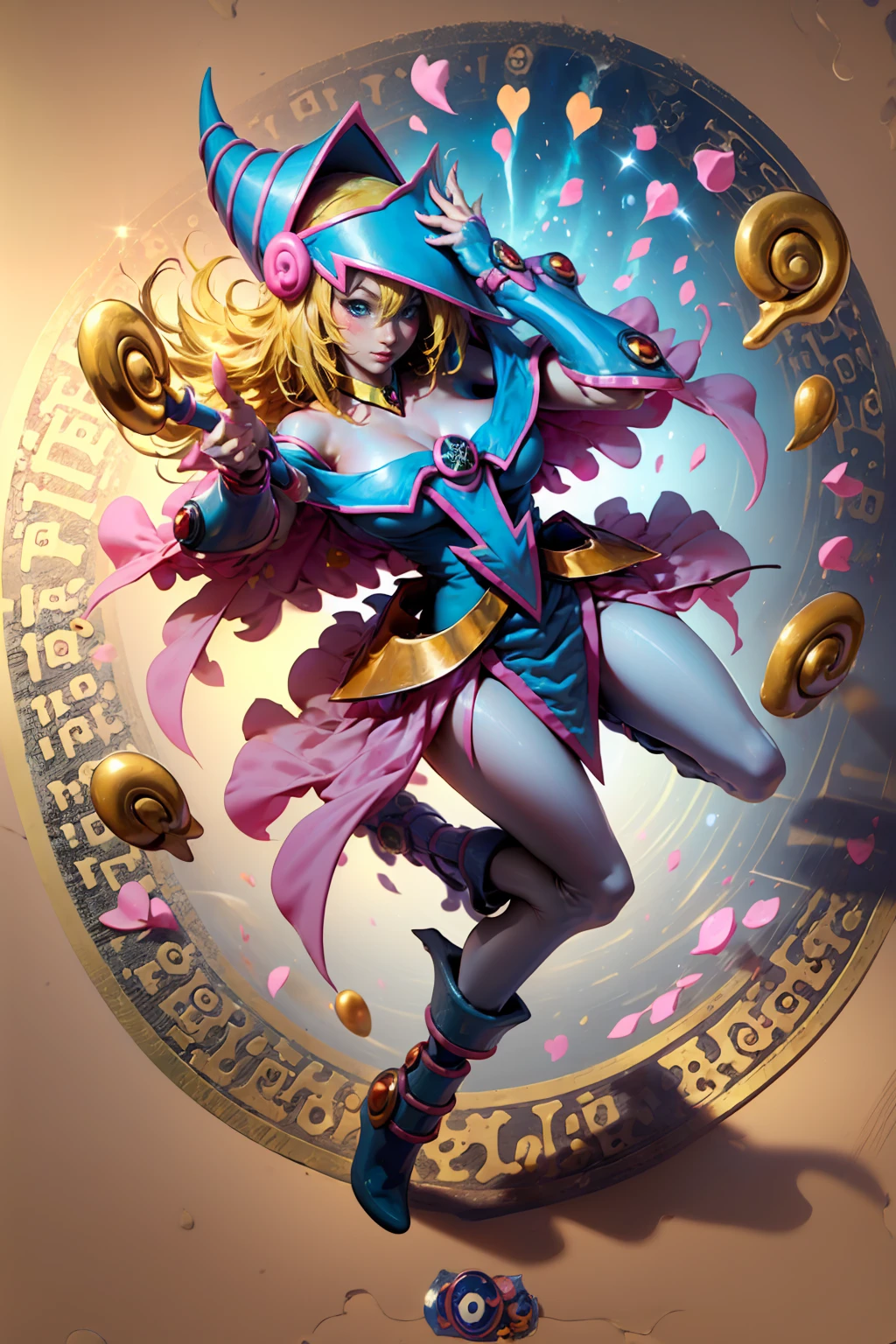 (Masterpiece:1.2), (The best quality:1.2), perfect lighting, Dark Magician Girl casting a spell, blue eyes. Red lips. Long blonde hair. floating in the air, big tits, neckline, magic background. Transparent hearts in the environment, From above, sparkles, Yugioh Card in the background. In heels . She wears heels.