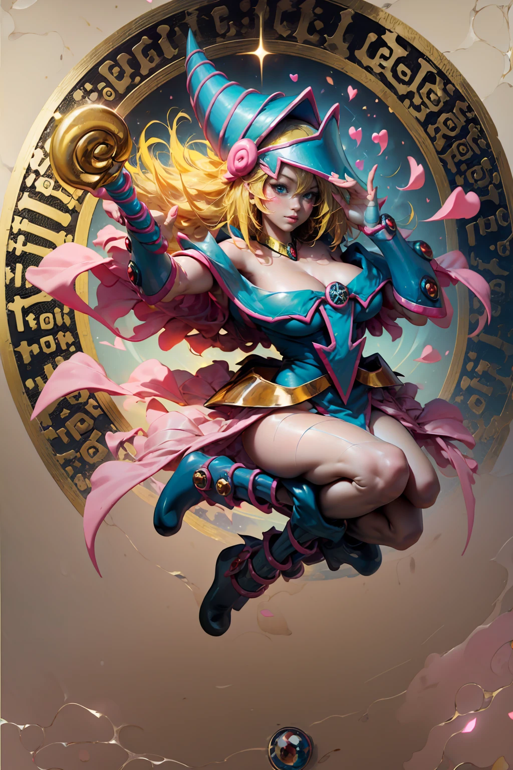 (Masterpiece:1.2), (The best quality:1.2), perfect lighting, Dark Magician Girl casting a spell, blue eyes. Red lips. Long blonde hair. floating in the air, big tits, neckline, magic background. Transparent hearts in the environment, From above, sparkles, Yugioh Card in the background. In heels . She wears heels.