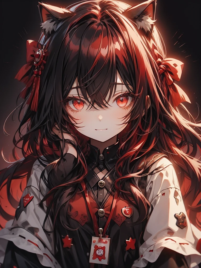 Cat ears with black and red ribbon、red Hair、red Badge、Checkmark clothing、I rest my head on my elbows and think about what to do.、✔、lollipop in mouth held with one hand, Convinced look, little smile