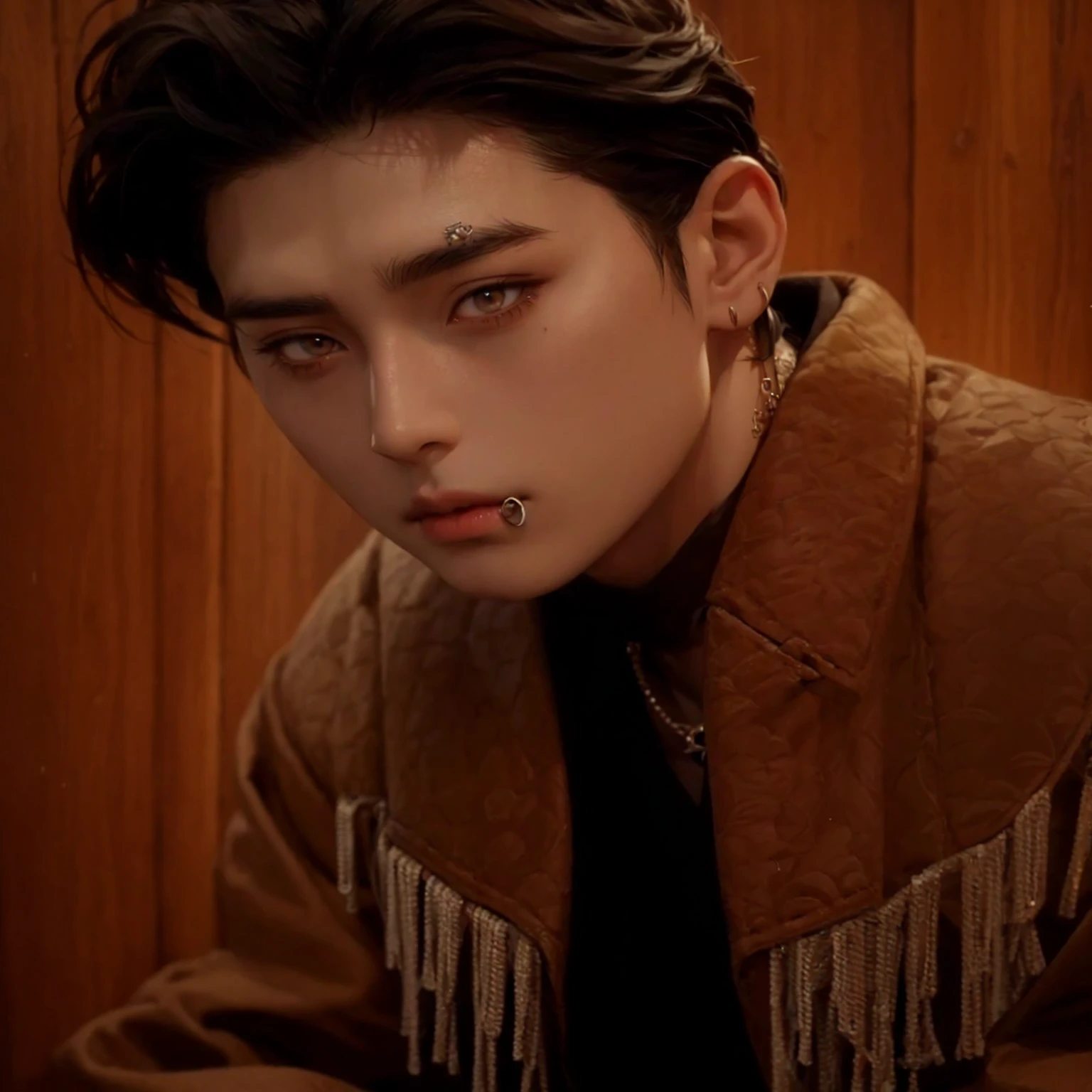 Arafed man with piercings and a brown jacket sitting, cai xukun, hyperrealistic anime, photorealistic!!!!!!! Art Style, inspired by Gang Se-hwang, realistic art style, artwork in the style of guweiz, inspired by Kim Deuk-sin, realism artistic style, inspired by Zhang Han, digital art. @mariomaniacdude