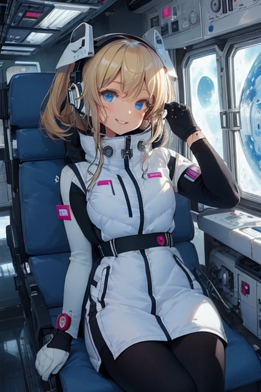 masterpiece, highest quality, high resolution, breasts, 20yo,1 girl,(solo):2,,blonde hair,(inside space station):2,flying:2,floatong:2,zero gravity,wind:1.5,anime lovelive style,

BREAK
headphone,(futurstic tight-fit bodysuit):2,(shiny silver long downvest):100,(northface silver metallic puffy downvest):2,(puffy):2,(black sleeves):5,(black tights):2,(black belt),futuristic boots and gloves,(smartwatch):100,astrovest
BREAK
1 girls, sitting in spacecraft cabin with 4-point seat belt, securely fastened, space station interior, looking out of large windows at Earth below, beautiful eyes, she have aluminum foil pouch,(aluminum foil pouch with plastic viewing window):2, contains nutritious liquid or puree together, smiling and chatting, bright and cheerful expressions, high quality cinematic lighting, detailed textures, sharp focus,blue hair,blue eyes,
