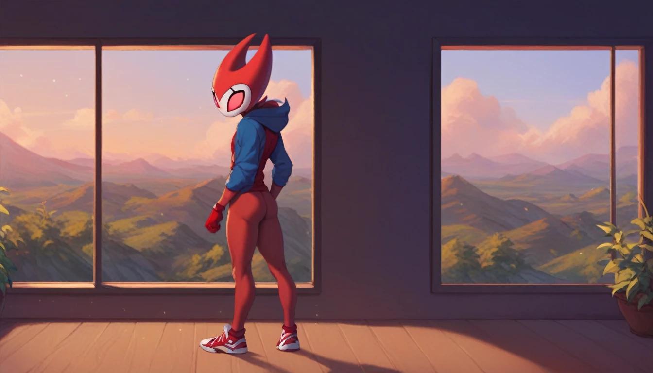 score_9, score_8_up, score_7_up, score_6_up, zPDXL2, grimm \(hollow knight\), vampire, bat, 1boy, solo, cute face, detailed eyes, anthro, near the window, landscape, highlight thighs, red sports gloves, sneakers, profile picture, blue hooded sweatshirt, standing, highlight buttocks