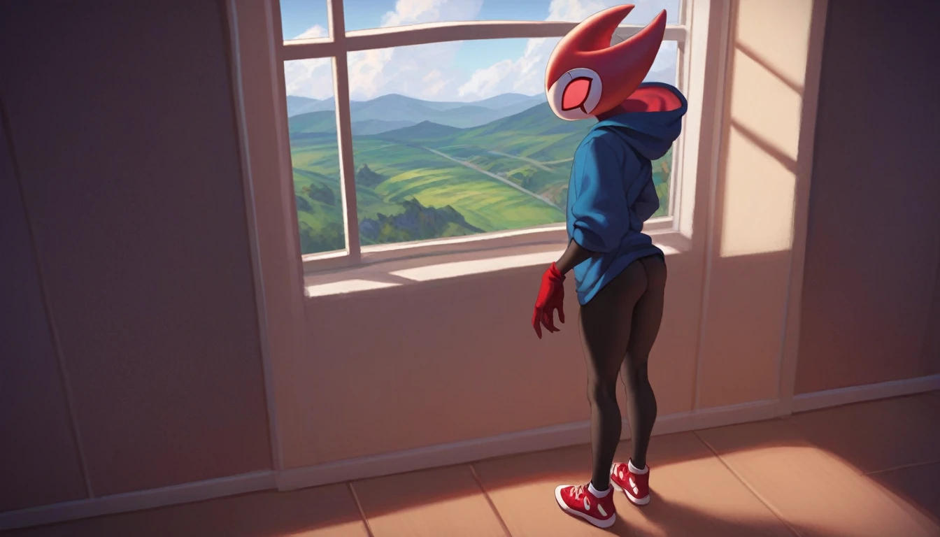 score_9, score_8_up, score_7_up, score_6_up, zPDXL2, grimm \(hollow knight\), vampire, bat, 1boy, solo, cute face, detailed eyes, thick thighs, anthro, thick ass, tight black sports pants, blue large hoodie, cool pose, red sports gloves, sneakers, background, seductive look, above your crotch, cat pose, landscape, near a window