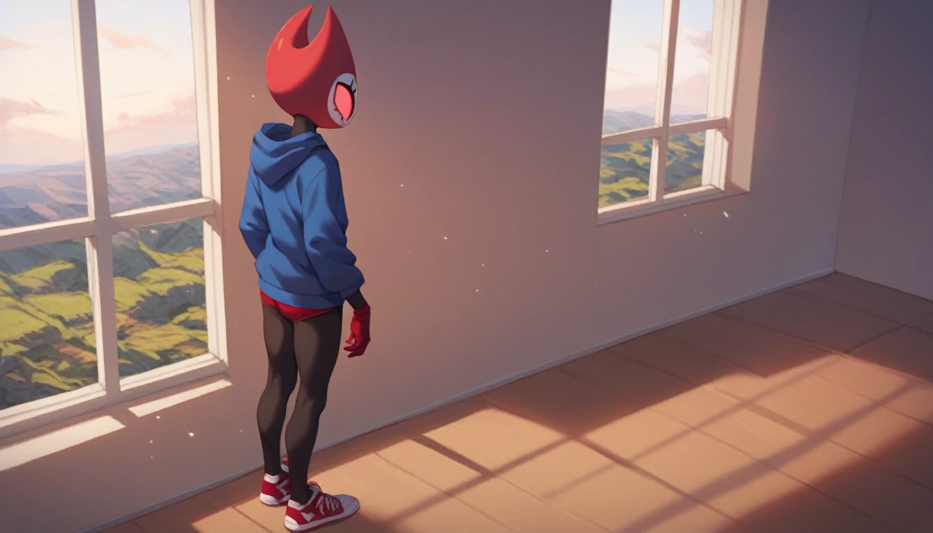 score_9, score_8_up, score_7_up, score_6_up, zPDXL2, grimm \(hollow knight\), vampire, bat, 1boy, solo, cute face, detailed eyes, anthro, near the window, landscape, highlight thighs, red sports gloves, sneakers, profile picture, blue hooded sweatshirt, standing, highlight buttocks