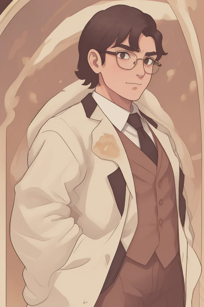 A thinner man wearing a tight-fitting tuxedo and suit, short swept back hair, long sculpted face, looking very smug, wearing very round circular glasses, wearing a yellow suit with gold accents, standing in front of a golden sky