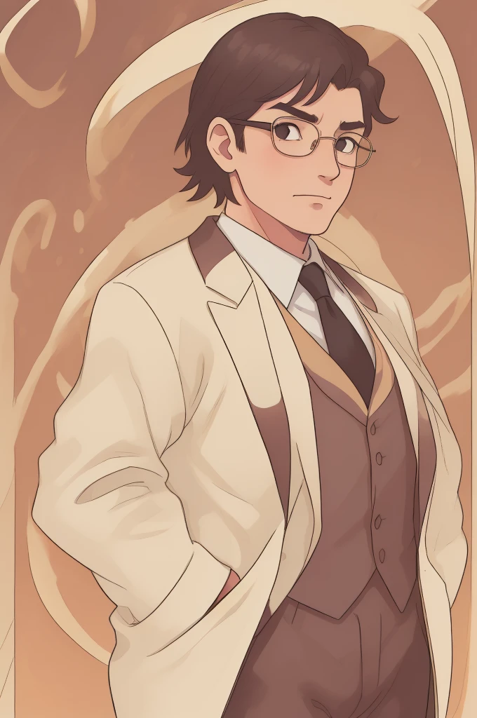 A thinner man wearing a tight-fitting tuxedo and suit, short swept back hair, long sculpted face, looking very smug, wearing very round circular glasses, wearing a yellow suit with gold accents, standing in front of a golden sky
