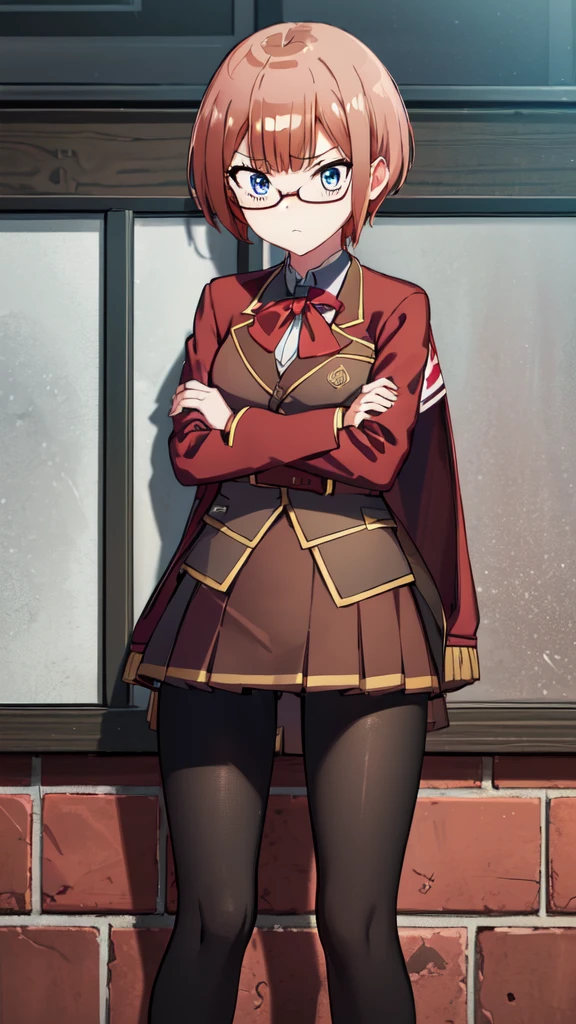 (Highly detailed CG Unity 8k wallpaper), (masterpiece), (Highest quality), (Super detailed), (Best illustrations), (Best Shadow), (Absurd), One girl, alone, Ogata rice, (school uniform, Red jacket:1.2), (Brown Skirt:1.2), (Black leggings:1.2), View your viewers, Pouting, Are standing, Arms crossed, Cowboy Shot