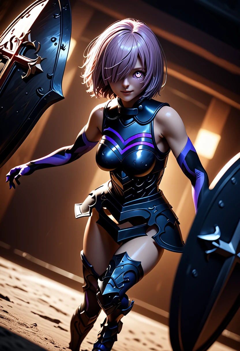 (masterpiece, top quality, best quality, beautiful and aesthetic:1.2), full body, extremely detailed, detailed face and eyes, cinematic light, depth of field, 1girl, seducing smile, solo, official, dark armor, cross shield, mash kyrielight, light purple hair, short hair, hair over one eye, slim body, cinematic lighting, dramatic lighting, dramatic atmosphere, hyper-realistic, high resolution, stunning contrast, high quality, best quality, 8k, 4k, intricately detailed, (amazing details:1.2), highly detailed skin, powerful presence, vibrant colors, (detailed eyes:1.2), striking eyes, (detailed background), (dynamic angle:1.2), (dynamic pose:1.2)