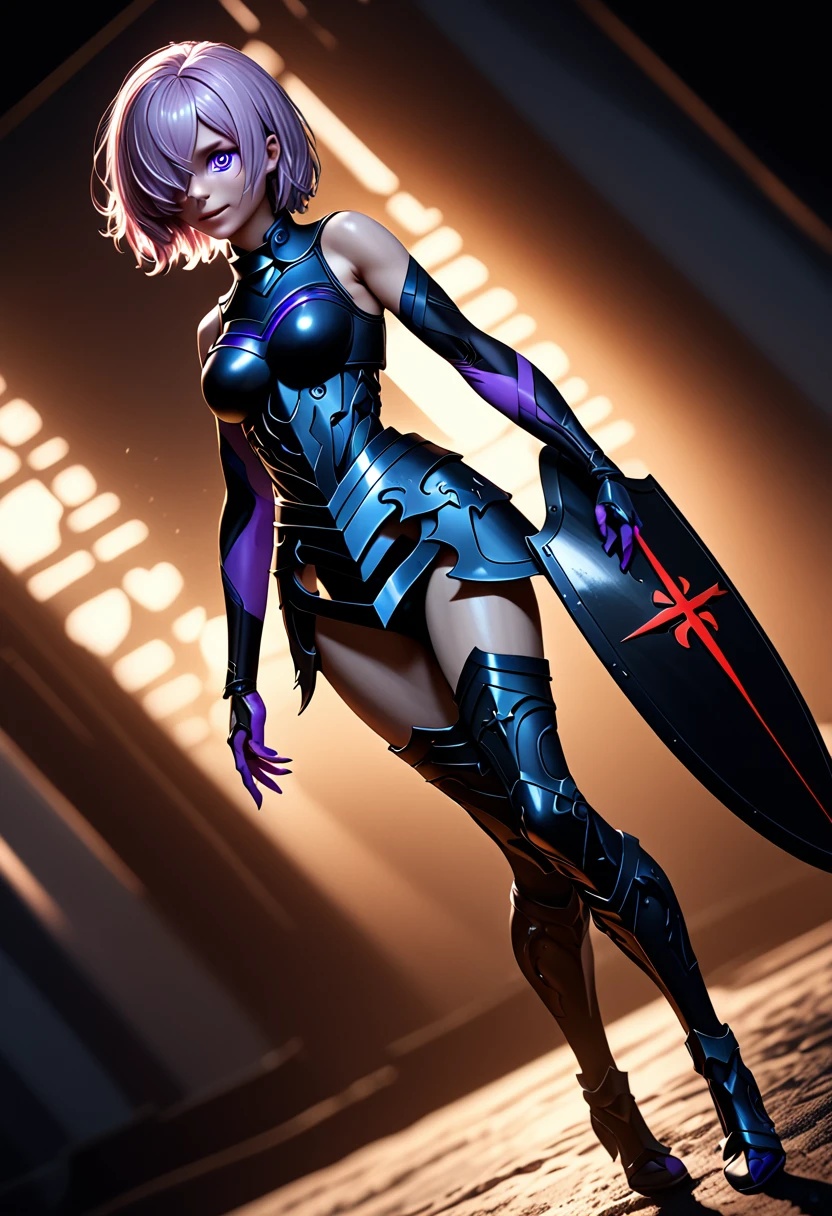 (masterpiece, top quality, best quality, beautiful and aesthetic:1.2), full body, extremely detailed, detailed face and eyes, cinematic light, depth of field, 1girl, seducing smile, solo, official, dark armor, cross shield, mash kyrielight, light purple hair, short hair, hair over one eye, slim body, cinematic lighting, dramatic lighting, dramatic atmosphere, hyper-realistic, high resolution, stunning contrast, high quality, best quality, 8k, 4k, intricately detailed, (amazing details:1.2), highly detailed skin, powerful presence, vibrant colors, (detailed eyes:1.2), striking eyes, (detailed background), (dynamic angle:1.2), (dynamic pose:1.2)