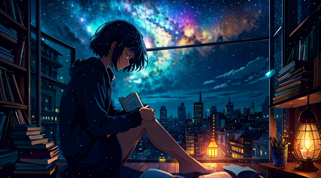 masterpiece, 1girl, solo, room full of scattered books, sitting at window, barefoot, reading book, night at window, distant city lights, starry sky, nebula, close side shot, 8k, detailed, best quality,