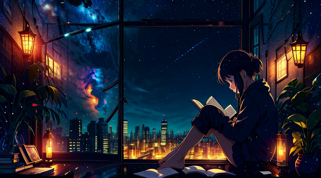 masterpiece, 1girl, solo, room full of scattered books, sitting at window, barefoot, reading book, night at window, distant city lights, starry sky, nebula, close side shot, 8k, detailed, best quality,