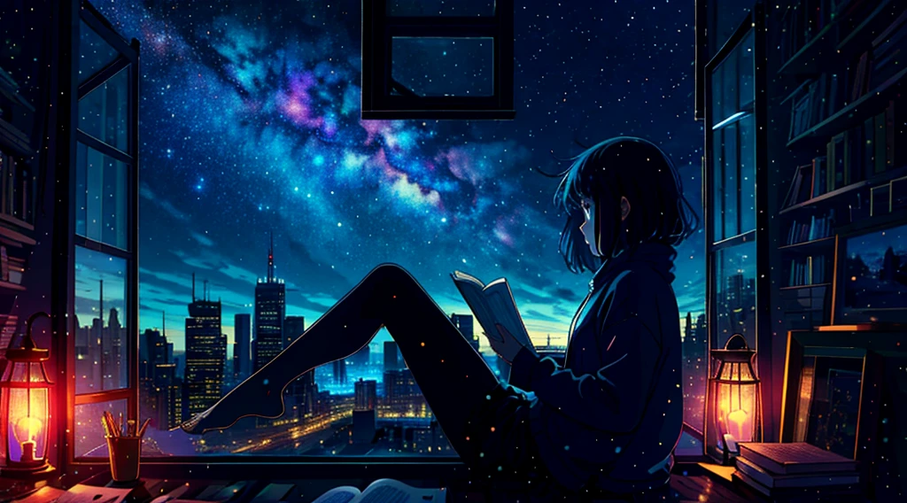 masterpiece, 1girl, solo, room full of scattered books, sitting at window, barefoot, reading book, night at window, distant city lights, starry sky, nebula, close side shot, 8k, detailed, best quality,
