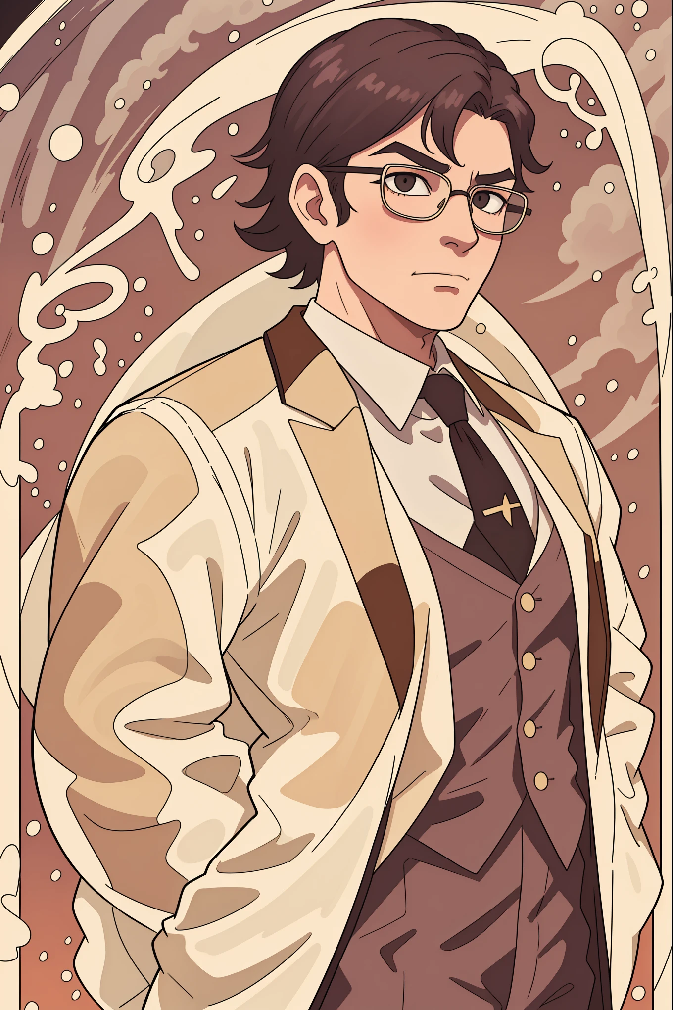 A thinner man wearing a tight-fitting tuxedo and suit, short swept back hair, long sculpted face, looking very smug, wearing circular glasses, wearing a yellow suit with gold accents, standing in front of a golden sky