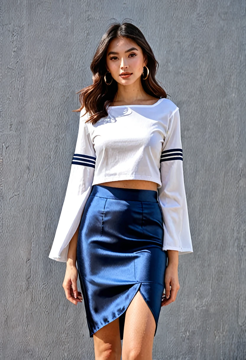 a woman wearing a simple summery sailor-inspired outfit. cropped T-shirt and skirt. loose white T-shirt with wide sleeves. t-shirt featuring a square neckline. heavy cotton t-shirt . cropped, visible midriff. t-shirt in the style of royal navy class 2 square rig. Navy blue trim on hems. Skirt is deep blue silk, smooth material, satin reflective sheen, long ankle length pencil skirt, with side split