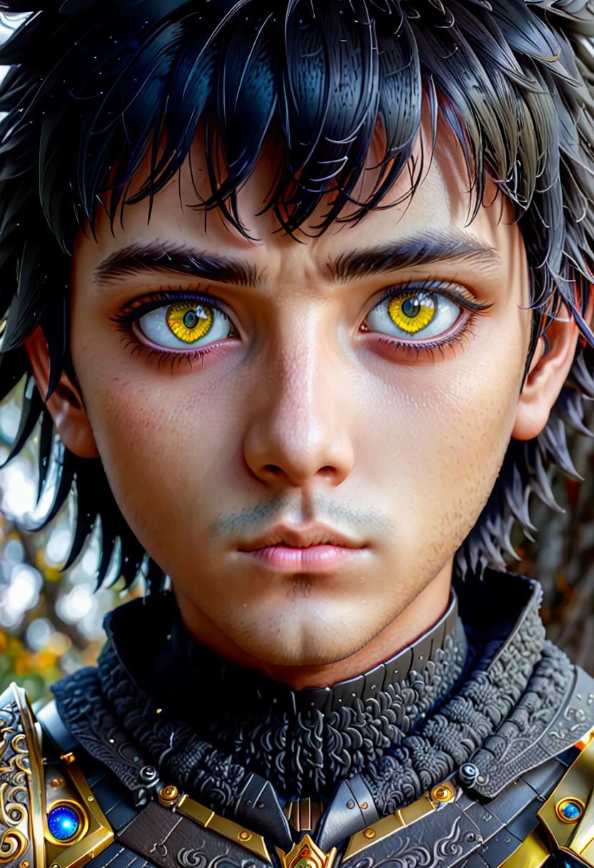 a boy with yellow eyes and black hair, highly detailed face and eyes, realistic, photorealistic, 8k, best quality, masterpiece, cinematic, dramatic lighting, vibrant colors, fantasy, magical, mystical, atmospheric