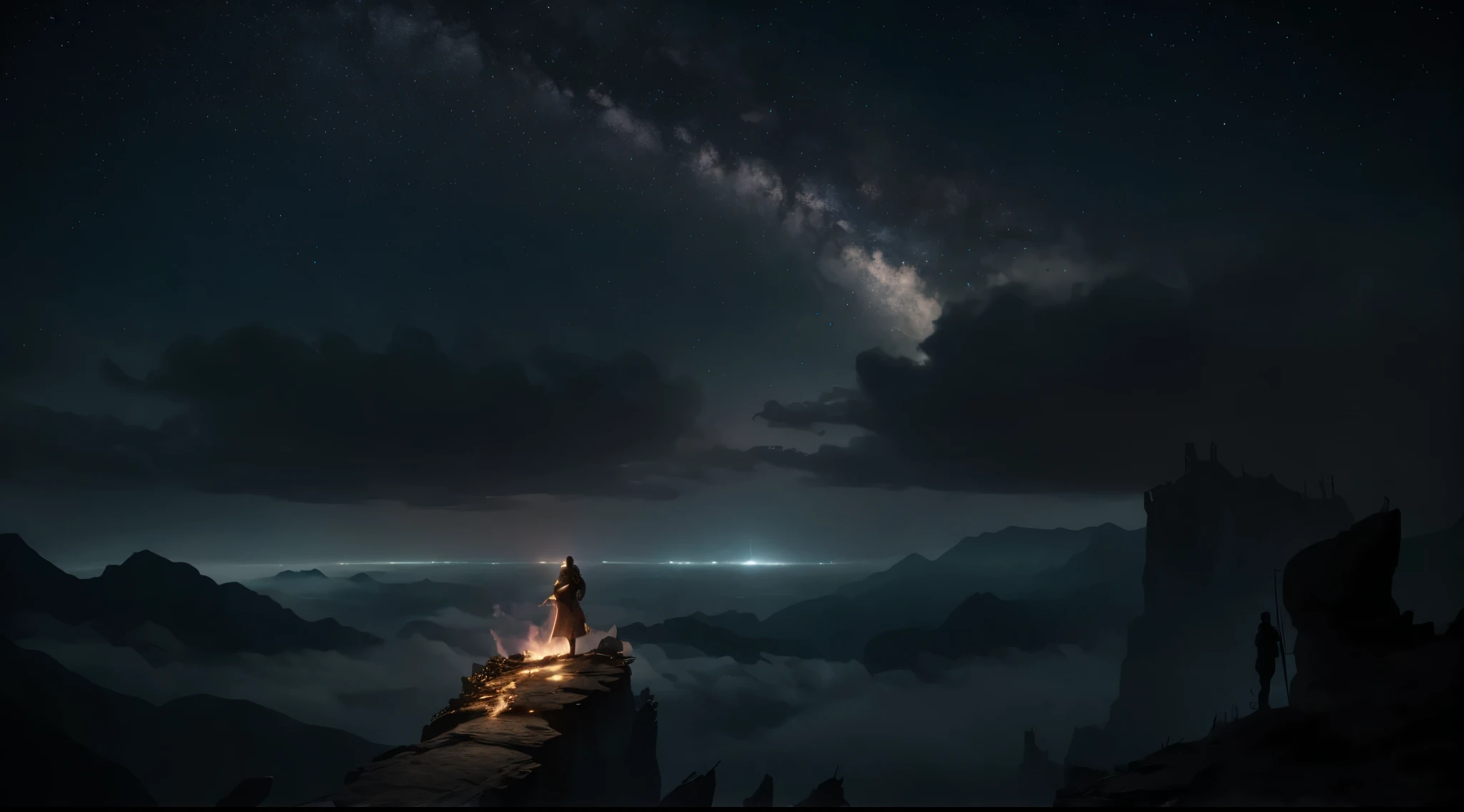 Dramatic and awe-inspiring footage of an adventurer standing on a cliff, Overlooking a kingdom in danger. The kingdom is shrouded in darkness, Beautiful starry sky, building collapse,Smoke rising. 冒險家們Determined、Determined, Get ready for the final battle. The composition should convey the gravity of the situation and the unwavering determination of the heroes.