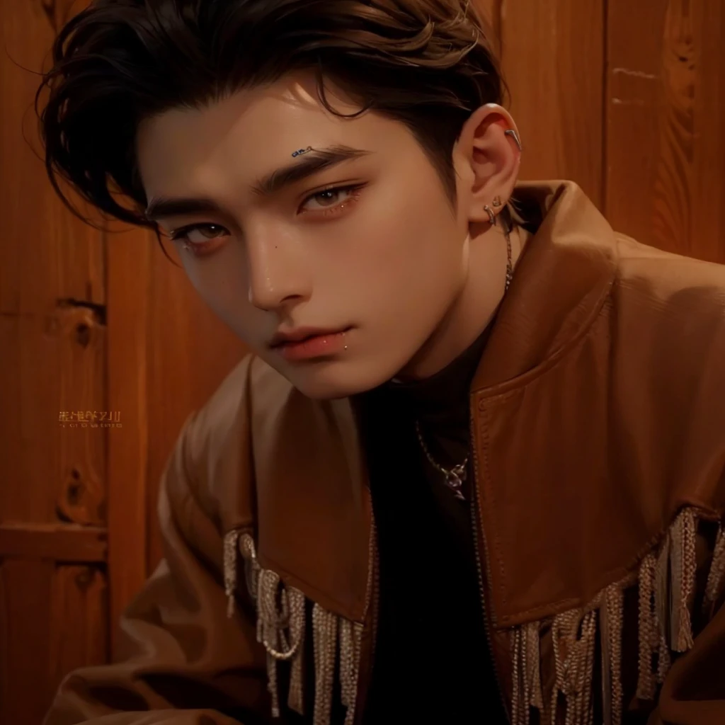 Arafed man with piercings and a brown jacket sitting, cai xukun, hyperrealistic anime, photorealistic!!!!!!! Art Style, inspired by Gang Se-hwang, realistic art style, artwork in the style of guweiz, inspired by Kim Deuk-sin, realism artistic style, inspired by Zhang Han, digital art. @mariomaniacdude
