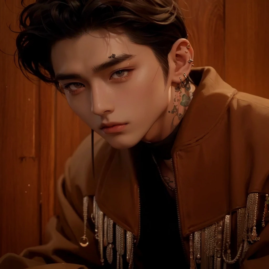 Arafed man with piercings and a brown jacket sitting, cai xukun, hyperrealistic anime, photorealistic!!!!!!! Art Style, inspired by Gang Se-hwang, realistic art style, artwork in the style of guweiz, inspired by Kim Deuk-sin, realism artistic style, inspired by Zhang Han, digital art. @mariomaniacdude