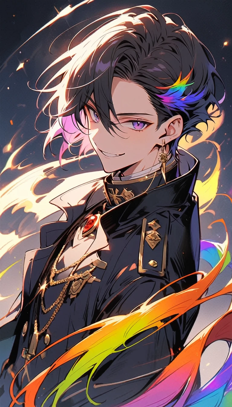 good looking, alone, 1 male, short hair,  Smile Facial,1. Boy with black and purple hair,  Moderate height, Slim body, Long coat, Black lining,good looking, short hair, Black Hair, Rainbow Hair, Purple eyes, 先端がスモーキーグレーのBlack Hair,  smoking, Black light,smile、, Bright, sharp eyes illuminate the scene,uniform,Fewer accessories,whole body,Background white