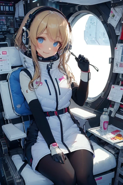 masterpiece, highest quality, high resolution, breasts, 20yo,1 girl,(solo):2,,blonde hair,(inside space station):2,flying:2,floatong:2,zero gravity,wind:1.5,anime lovelive style,
BREAK
headphone,(futurstic tight-fit bodysuit):2,(shiny silver long downvest):100,(northface silver metallic puffy downvest):2,(puffy):2,(black sleeves):5,(black tights):2,(black belt),futuristic boots and gloves,(smartwatch):100,astrovest
BREAK
1 girls, sitting in spacecraft cabin with 4-point seat belt, securely fastened, space station interior, looking out of large windows at Earth below, beautiful eyes, she have aluminum foil pouch,(aluminum foil pouch with plastic viewing window):2, contains nutritious liquid or puree together, smiling and chatting, bright and cheerful expressions, high quality cinematic lighting, detailed textures, sharp focus,blue hair,blue eyes,