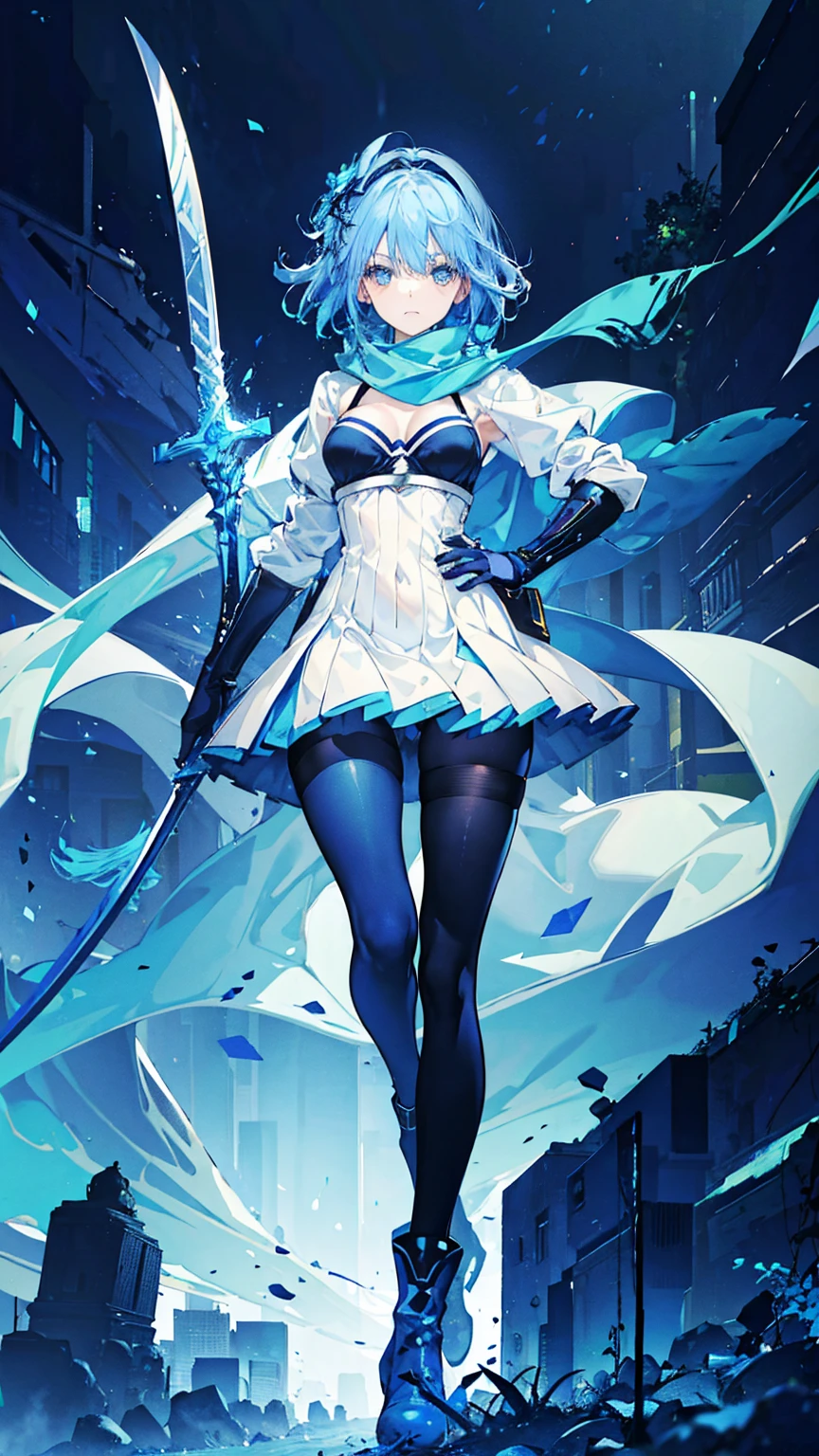 1girl,gripping big sword,blue hair, curly medium hair,light blue eyes, navy long Scarf,blue brassiere,blue miniskirt,light blue Pantyhose,blue long boots,fantastic, masterpiece, best quality, high quality