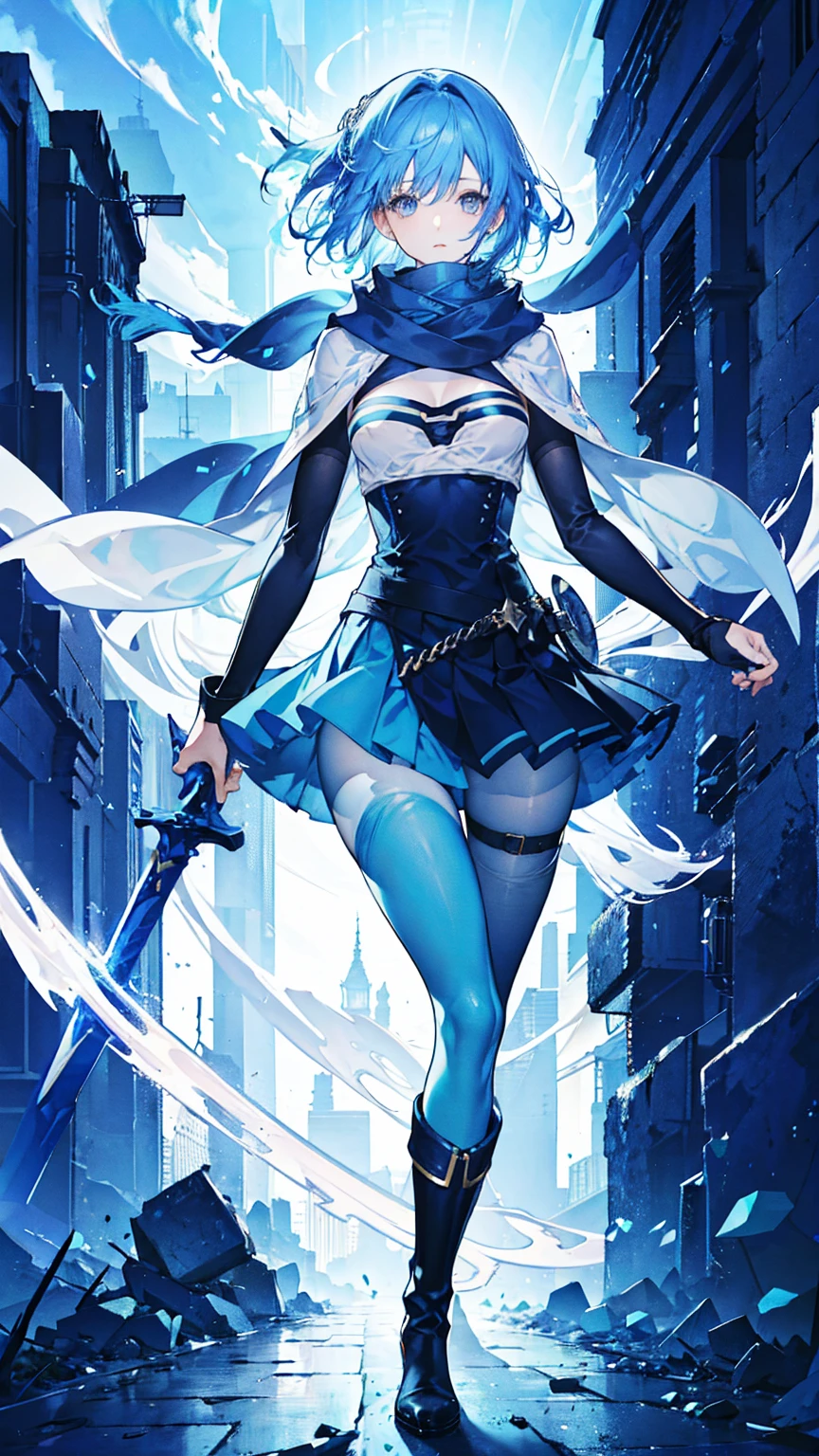 1girl,gripping big sword,blue hair, curly medium hair,light blue eyes, blue long Scarf,(blue brassiere),blue miniskirt,light blue Pantyhose,blue long boots,fantastic, masterpiece, best quality, high quality