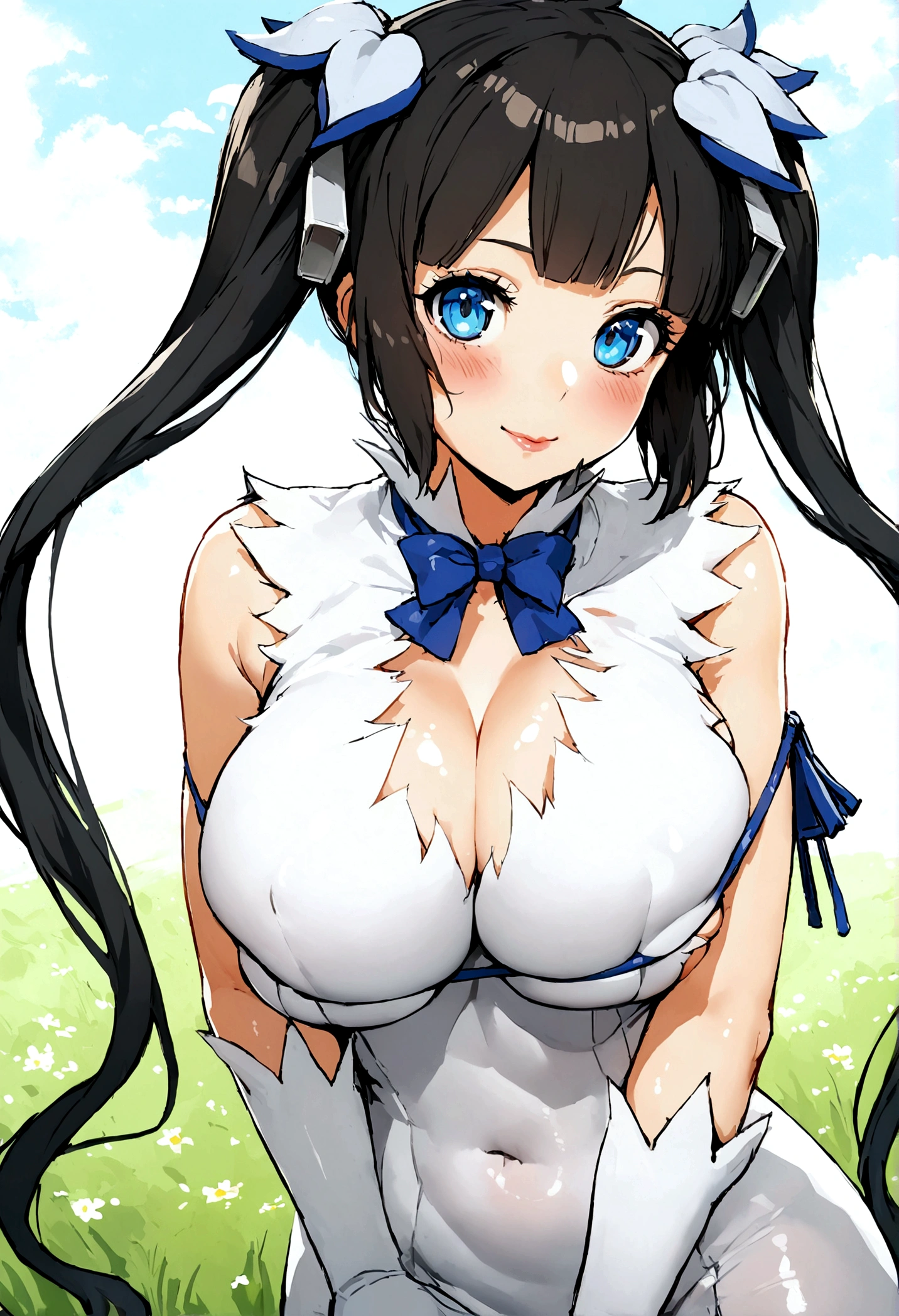 Estilo MKSKS, Masterpiece, Best Quality, long eyelashes, eyeliner, shadow, mask, showy, pink lips, deep skin, looking at the viewer, Upper part of the body, curves, Hestia (Danmachi), 1 girl, old, Alone, wide, blue Love, two tails, gloves, Love, dress, Rei no himo, large old, Blue eyes, black fur, white gloves, neckline, white dress, looking at the viewer, light smile, Closed mouth, hair Love, bow, sleeveless, sleeveless dress, hits, blush, neckline cutout, hair ornament, bowtie, clothing trimming, very wide, Covered navel, arm Love, shiny skin, outdoor, grassy fields, blue sky, cloudy sky, tight, taut dress, Enfoque en los old, Upper part of the body,