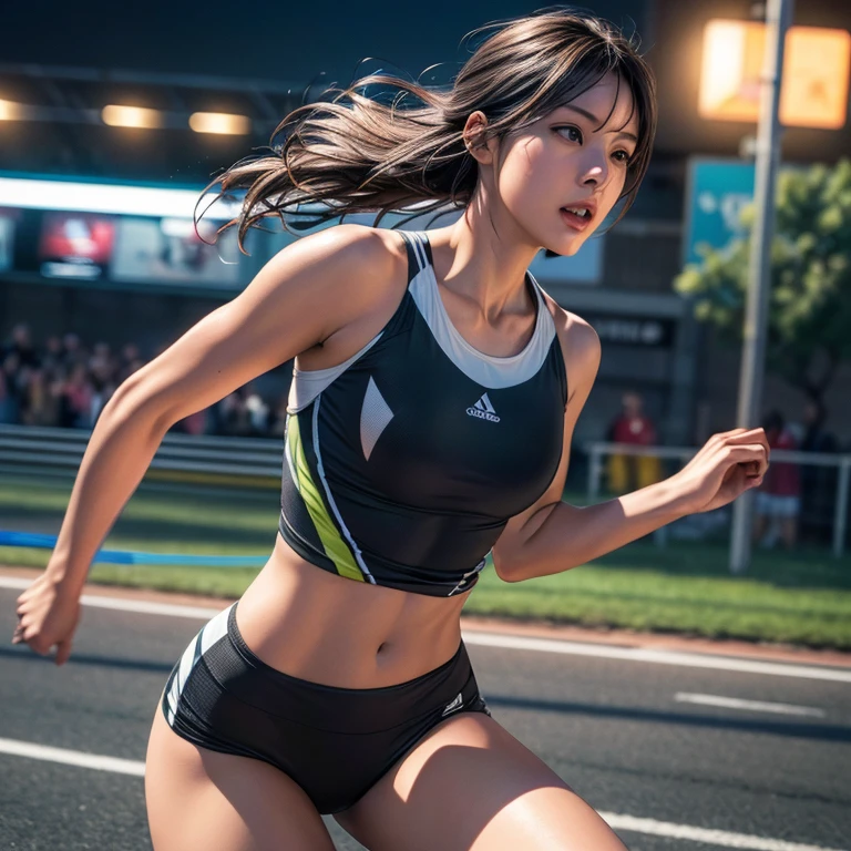 Young female athlete racing on the road, Long flowing black hair, Sleek and aerodynamic running wear, intense expression, Several female athletes compete in a heated race, Dynamic Motion Blur, A low-angle view that emphasizes long legs and powerful strides, Cinema Lighting, Vibrant colors, (Highest quality,4K,8K,High resolution,masterpiece:1.2),Super detailed,(Realistic,photoRealistic,photo-Realistic:1.37),Very detailed顔と目,Beautiful lip detail,Very detailed, hyper Realistic, Professional photography, Cinema Lighting, Dynamic action scenes, Wonderful landscape