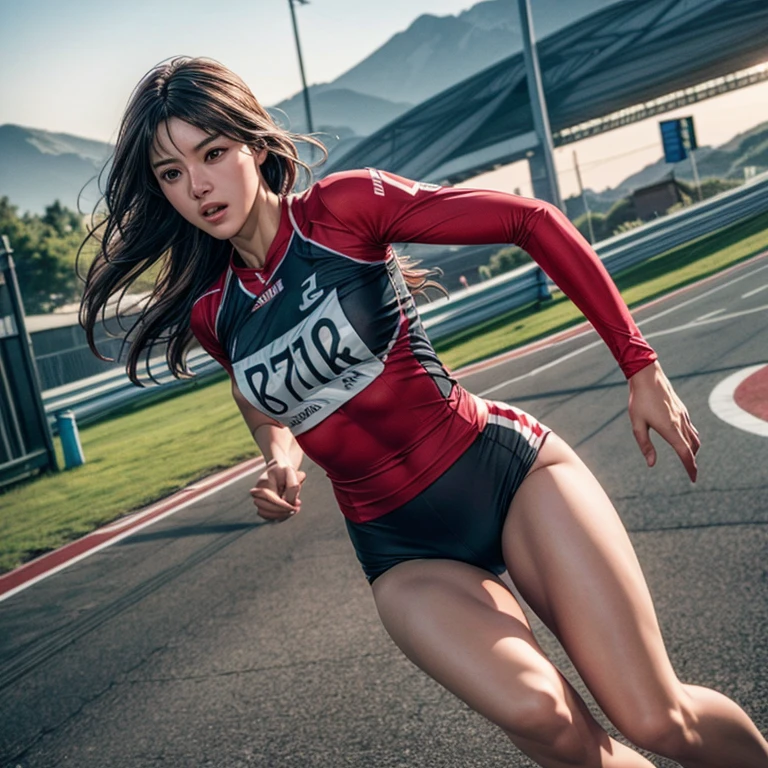 Young female athlete racing on the road, Long flowing black hair, Sleek and aerodynamic running wear, intense expression, Several female athletes compete in a heated race, Dynamic Motion Blur, A low-angle view that emphasizes long legs and powerful strides, Cinema Lighting, Vibrant colors, (Highest quality,4K,8K,High resolution,masterpiece:1.2),Super detailed,(Realistic,photoRealistic,photo-Realistic:1.37),Very detailed顔と目,Beautiful lip detail,Very detailed, hyper Realistic, Professional photography, Cinema Lighting, Dynamic action scenes, Wonderful landscape