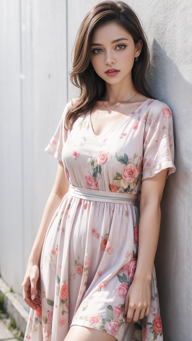 woman, Floral Dress, colorful, Dahl's Background,Romance_Fantasy Theme,Exposure Blending, Medium Shot, Bokeh, (High resolution:1.4), High Contrast, (Calm colors, Vibrant colors, Calm tone:1.3), Low saturation,Detailed, (Large Breasts, 完璧なwomanの体, Slim Weights), Leg spread, Innocent look, Provocative, Cleavage, clavicle, Bare shoulders, sexy, model, light, Perfect Eyes, Beautiful Eyes, Silk dress, Deep neckline,