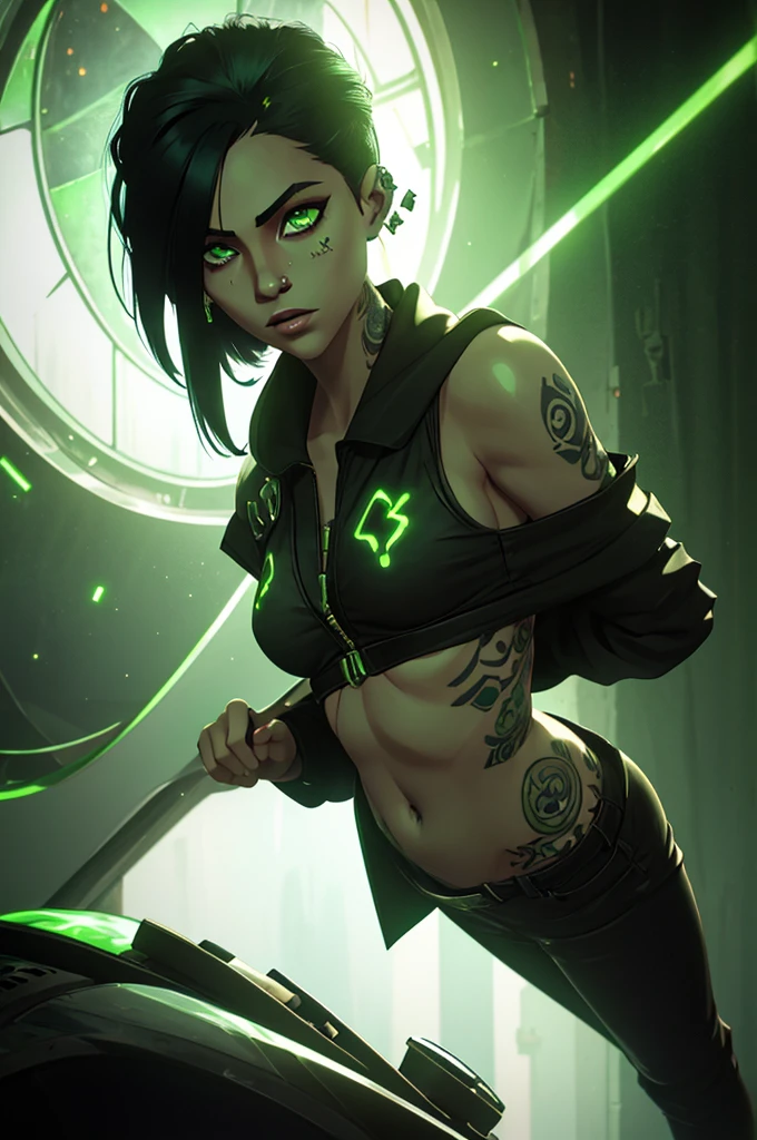 the eyes of only one girl, black hair and phospor green underlights, green eyes, has tattoos, piercings, light skin but not that light