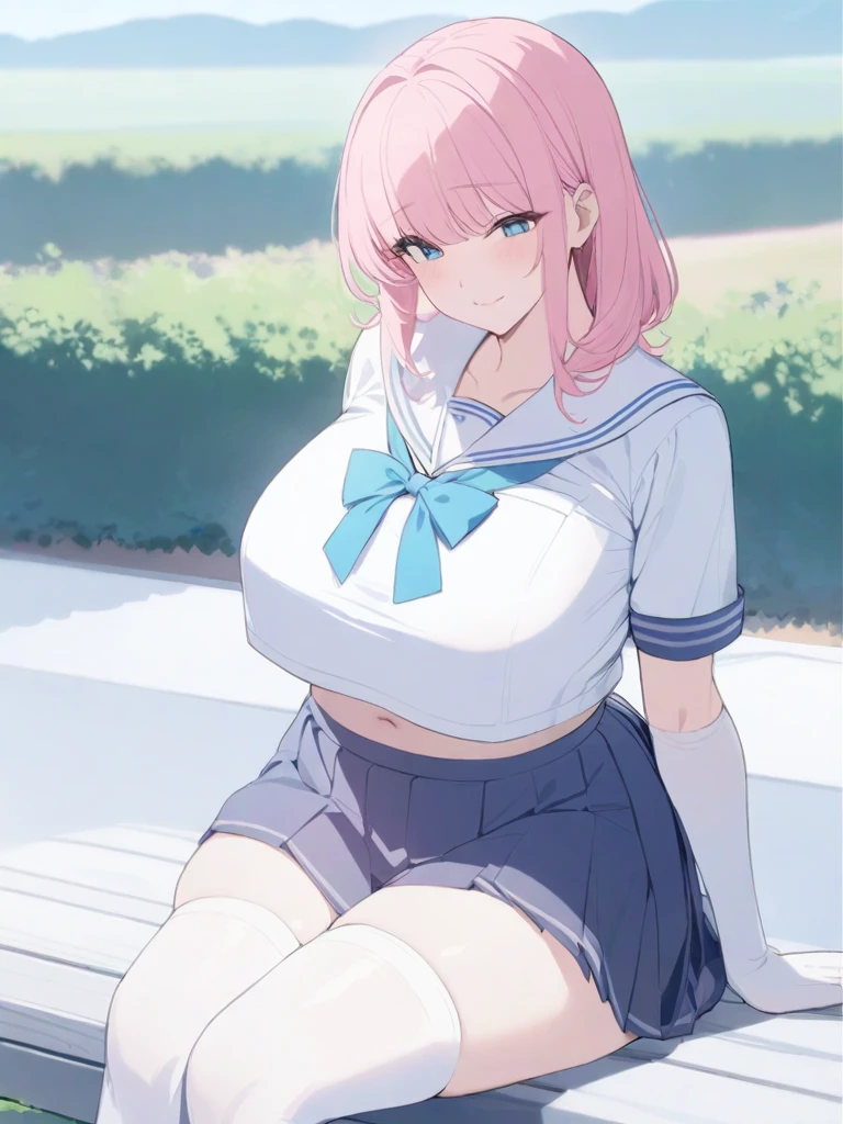 masterpiece, best quality, high quality, beautiful anime character, solo, anime girl with pink hair, medium length hair, medium hair, blue eyes, big breasts, mature female, tall female, big girl, thick, shy, light smile, outdoors, (sailor uniform, pleated skirt, ribbon), short sleeves, navel, white thighhighs, white elbow gloves, knees, sitting,