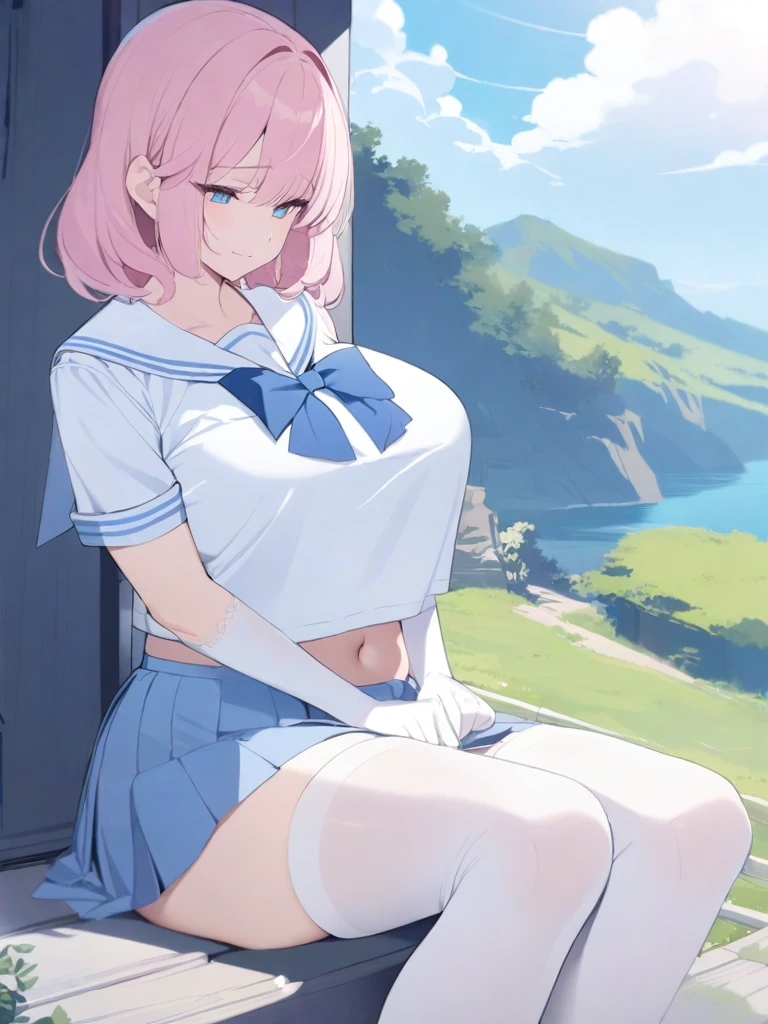 masterpiece, best quality, high quality, beautiful anime character, solo, anime girl with pink hair, medium length hair, medium hair, blue eyes, big breasts, mature female, tall female, big girl, thick, shy, light smile, outdoors, (sailor uniform, pleated skirt, ribbon), short sleeves, navel, white thighhighs, white elbow gloves, knees, sitting, 