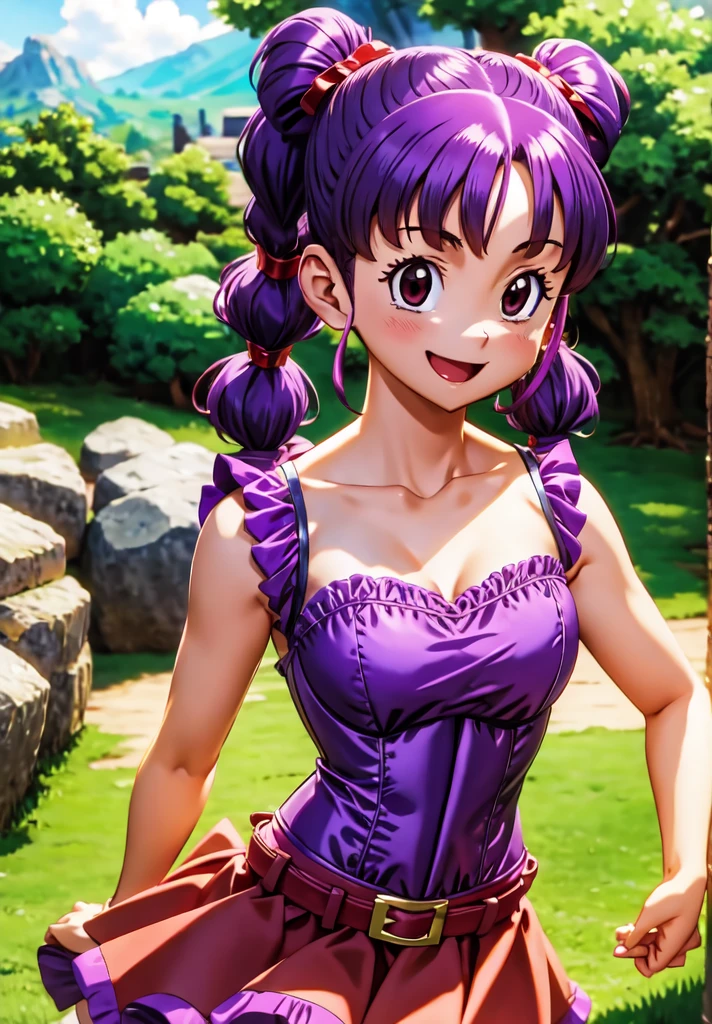 ((Jessica Albert [Dragon Quest], 1girl, frilly red skirt, corset, purple shirt, bare shoulders, belt with pouches, short twintails):1.4), (medium breasts:1.4), (cheerful pose:1.5), (upper body:1.7), looking at viewer, (shy smile:1.5), (fantastic village:1.5) BREAK
BREAK