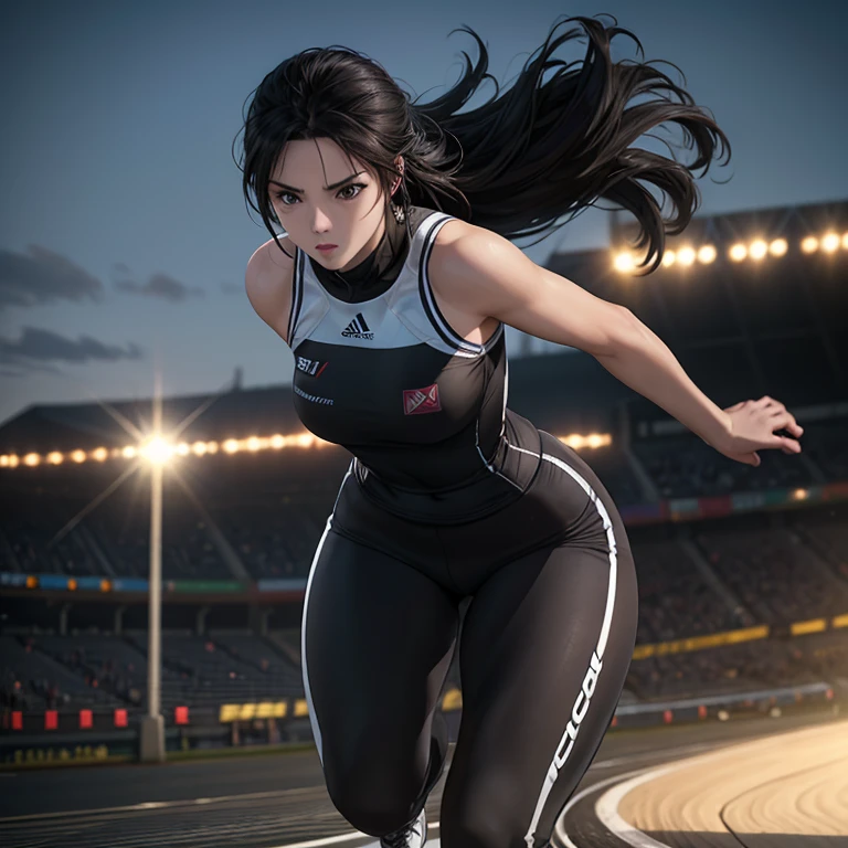 Young female athlete racing on the road, Long flowing black hair, Sleek and aerodynamic running wear, intense expression, Several female athletes compete in a heated race, Dynamic Motion Blur, A low-angle view that emphasizes long legs and powerful strides, Cinema Lighting, Vibrant colors, (Highest quality,4K,8K,High resolution,masterpiece:1.2),Super detailed,(Realistic,photoRealistic,photo-Realistic:1.37),Very detailed顔と目,Beautiful lip detail,Very detailed, hyper Realistic, Professional photography, Cinema Lighting, Dynamic action scenes, Wonderful landscape