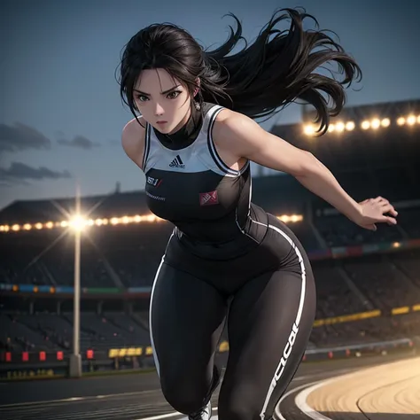 young female athlete racing on the road, long flowing black hair, sleek and aerodynamic running wear, intense expression, severa...