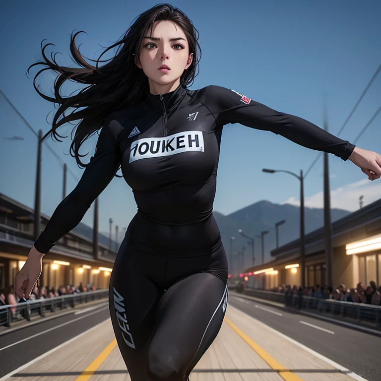 Young female athlete racing on the road, Long flowing black hair, Sleek and aerodynamic running wear, intense expression, Several female athletes compete in a heated race, Dynamic Motion Blur, A low-angle view that emphasizes long legs and powerful strides, Cinema Lighting, Vibrant colors, (Highest quality,4K,8K,High resolution,masterpiece:1.2),Super detailed,(Realistic,photoRealistic,photo-Realistic:1.37),Very detailed顔と目,Beautiful lip detail,Very detailed, hyper Realistic, Professional photography, Cinema Lighting, Dynamic action scenes, Wonderful landscape