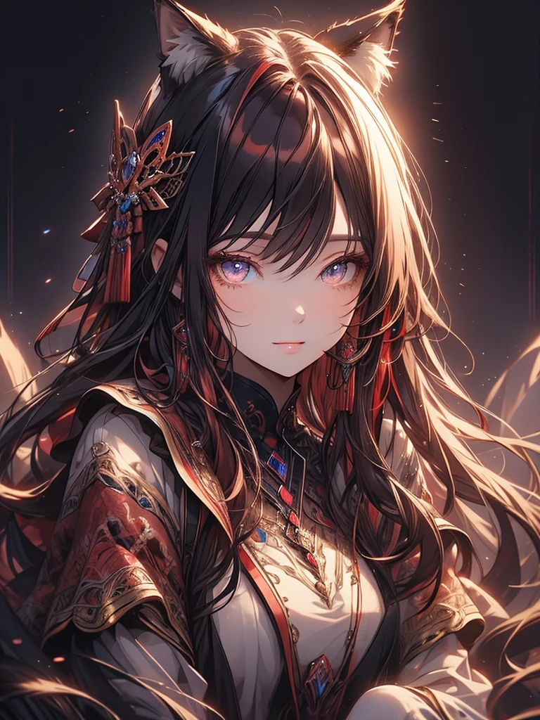 a girl with cat ears, long red hair, red badge, checkmark clothing, resting her head on her elbows, lollipop in mouth held with one hand, convinced look, little smile, highly detailed, 1girl, portrait, digital illustration, vivid colors, masterpiece, ultra-detailed, 8k, photorealistic, intricate details, natural lighting, beautiful detailed eyes, beautiful detailed lips, extremely detailed face and features, long eyelashes, elegant, thoughtful expression, mystical, fantasy, colorful, soft lighting