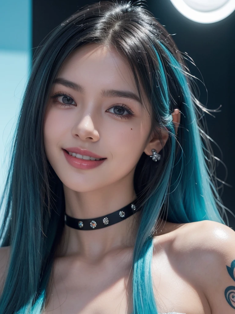 1girl, alone, solitary, high quality, (best quality,4k,8k,highres,masterpiece:1.2),ultra-detailed,(realistic,photorealistic,photo-realistic:1.37),gorgeous hair,cyan hair,long straight hair with bangs,sharp eyes,mole under the eye,plump lips,jewelry,(high detailed skin:1.4),(rim lighting:1.3),(lit:1.3),(sunny day:1.3),portrait,beautiful lips,waist-length hair,seductive gaze,moles,casual clothes,colorful clothing,close up,super long hair,choker necklace,tattoos,tattooed,light eyes,bangs,fringe,20 year old,dimples on the cheeks,dimples,cyan hair,cyanhair,bright cyan hair,cyan,aquamarine,beautiful smile,perfect teeth,straight teeth,perfect sized teeth,dazzling smile