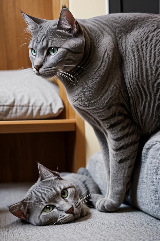 A gray cat just got out of his bed
