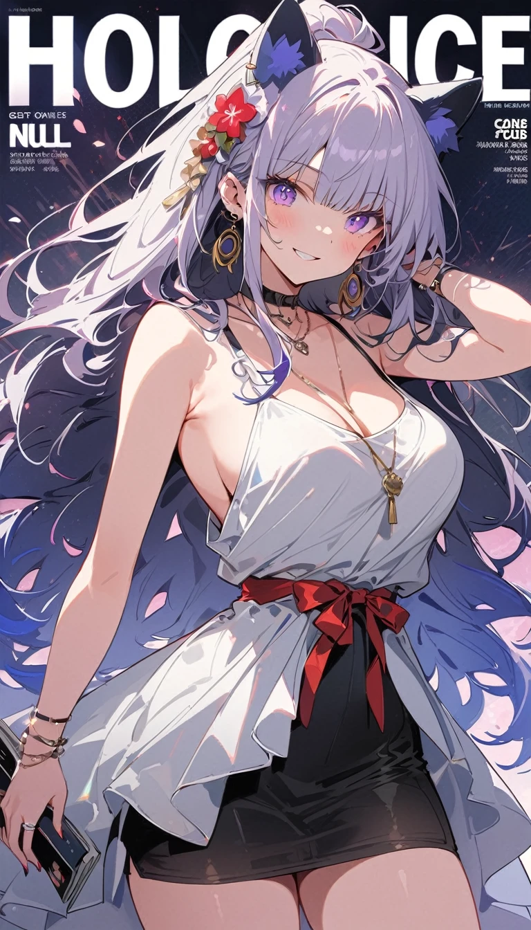 masterpiece, Highest quality, whole body, One girl, bangs, black choker, blush, bracelet, chest, choker, clothes The surrounding area waist, clavicle, Cowboy Shot, ear Earrings, Eyebrows visible through hair, Gradient Hair, Grin, fix, jewelry, Kogal, Long Hair, View Viewer, Earrings, Red eyes, ring, , smile, alone, street, null, cherry blossoms, petal,figure, (magazine:1.3), (cover-style:1.3), fashionable, woman, Vibrant, Pause, front, colorful, dynamic, background, element, have confidence, Performance, Holding, statement, accessories, Majestic, Coiled, The surrounding area, touch, scene, article, cover, bold, to attract attention, title, stylish, font, Catchy, Heading, big, impressive, Modern, trend, concentrated, fashion,((masterpiece)), Highest quality, Absurd, Super detailed, Holographic, Cowboy Shot, ダイナミックなPause, Golden Ratio, Very cute girl, Mature Girls, Very beautiful, Super beautiful asian girl with super beautiful purple eyes, Very beautiful white hair, Shiny skin, High Ponytail, nice and sexy body, Slim and delicate body, Perfect body, Cute Panties, Fox Headset, Get your picture taken in a cute alien spaceship,naked,Big Breasts,Sexy