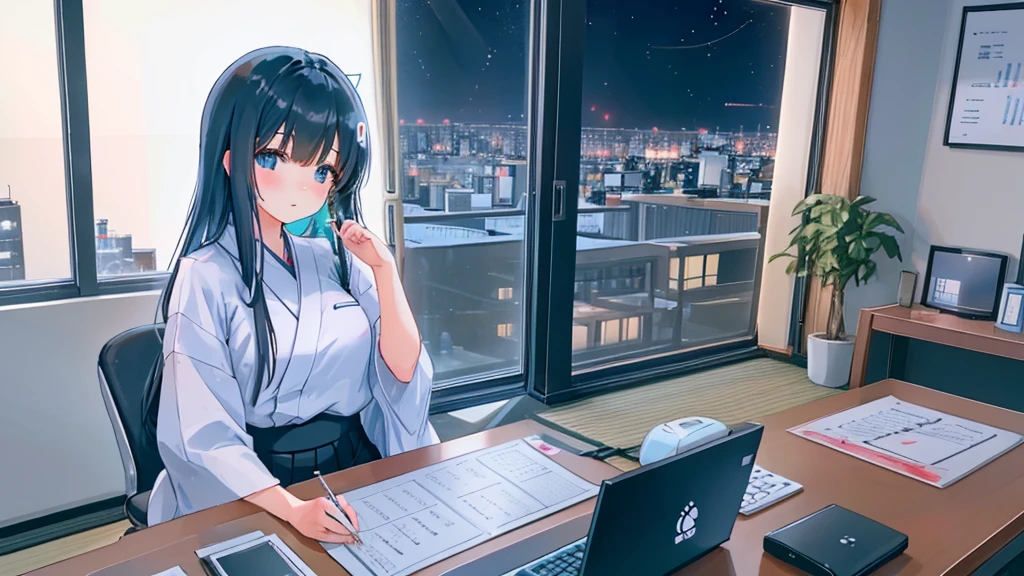 A cute Japanese woman in her twenties sitting by the window working on her computer. Outside the window is the city at night. The room is occupied by an office worker living alone in the 2025 era. She is dressed in her room clothes from the 2022 era. She is looking at a computer screen. There is a display and a keyboard, and she is typing on the keyboard. Horizontal screen size.