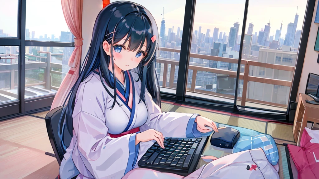 A cute Japanese woman in her twenties sitting by the window working on her computer. Outside the window is the city at night. The room is occupied by an office worker living alone in the 2025 era. She is dressed in her room clothes from the 2022 era. She is looking at a computer screen. There is a display and a keyboard, and she is typing on the keyboard. Horizontal screen size.